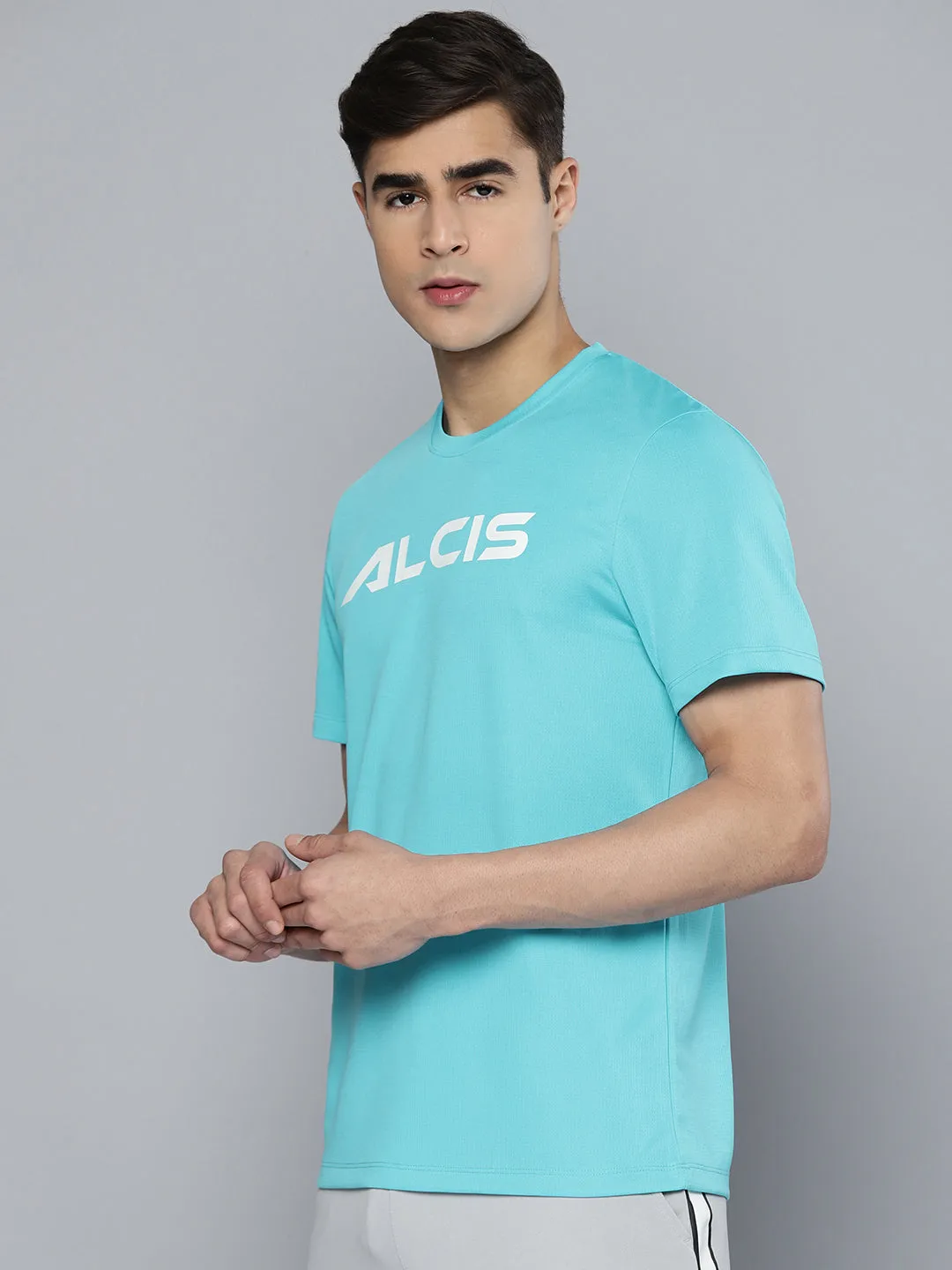 Alcis Men Blue White Brand Logo Printed Dry Tech T-shirt
