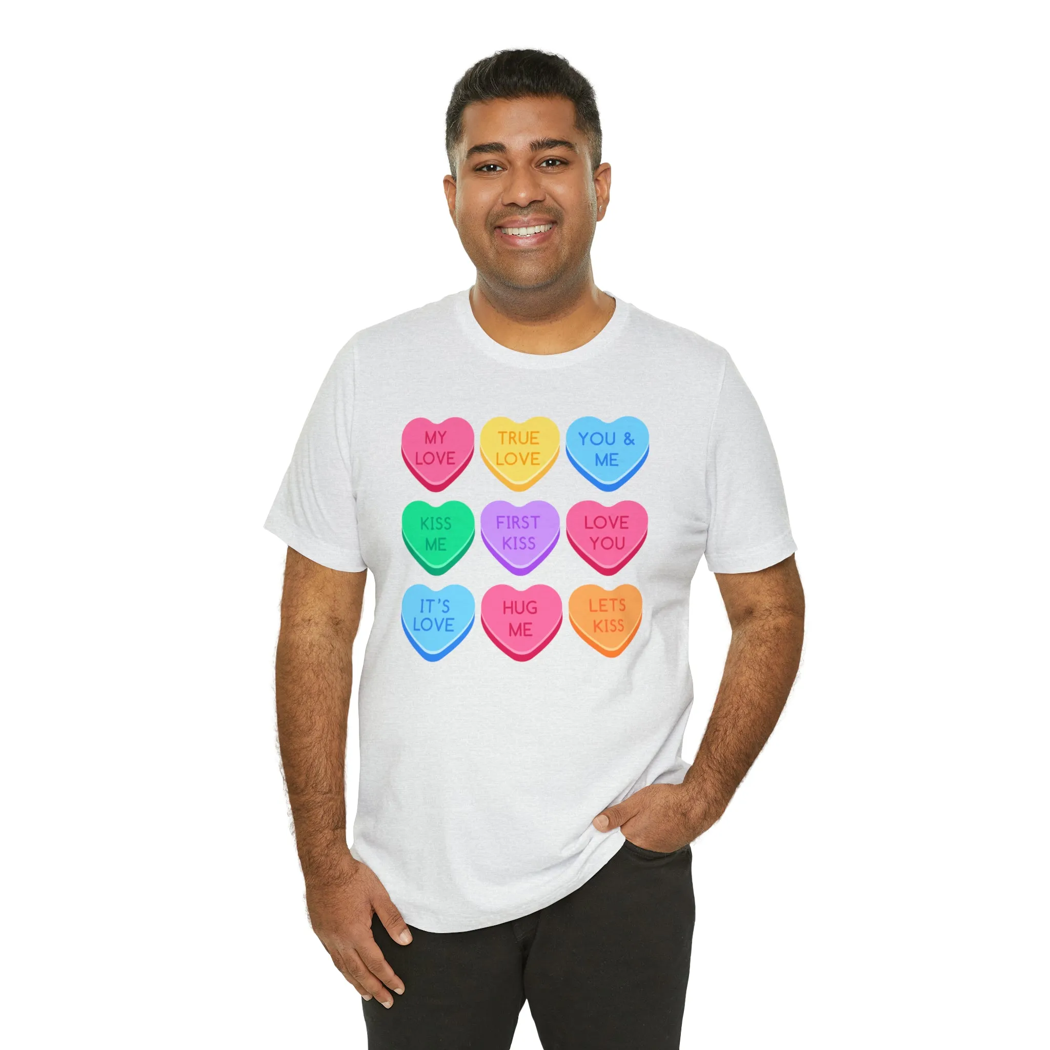 Candy Hearts Colorful T-Shirt | Sweetheart Love Tee |  Bella Canvas 3001 Unisex | Happy Valentine's Day Short Sleeve Tshirt
