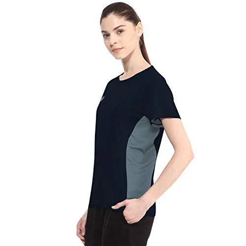 CHKOKKO Women's Round Neck Dry Fit Gym Sports T-Shirt Navy Blue Size M