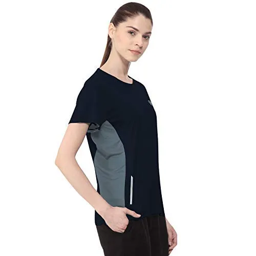 CHKOKKO Women's Round Neck Dry Fit Gym Sports T-Shirt Navy Blue Size M