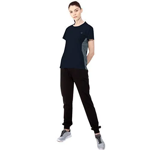 CHKOKKO Women's Round Neck Dry Fit Gym Sports T-Shirt Navy Blue Size M