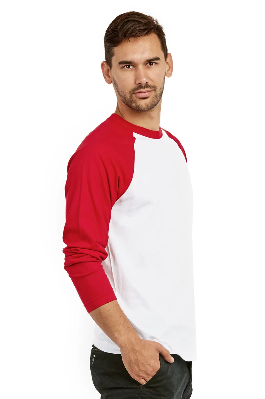 COTTONBELL MEN'S LONG SLEEVE BASEBALL TEE (MBT002C_RED-WHT)