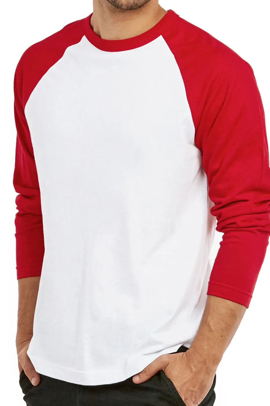 COTTONBELL MEN'S LONG SLEEVE BASEBALL TEE (MBT002C_RED-WHT)