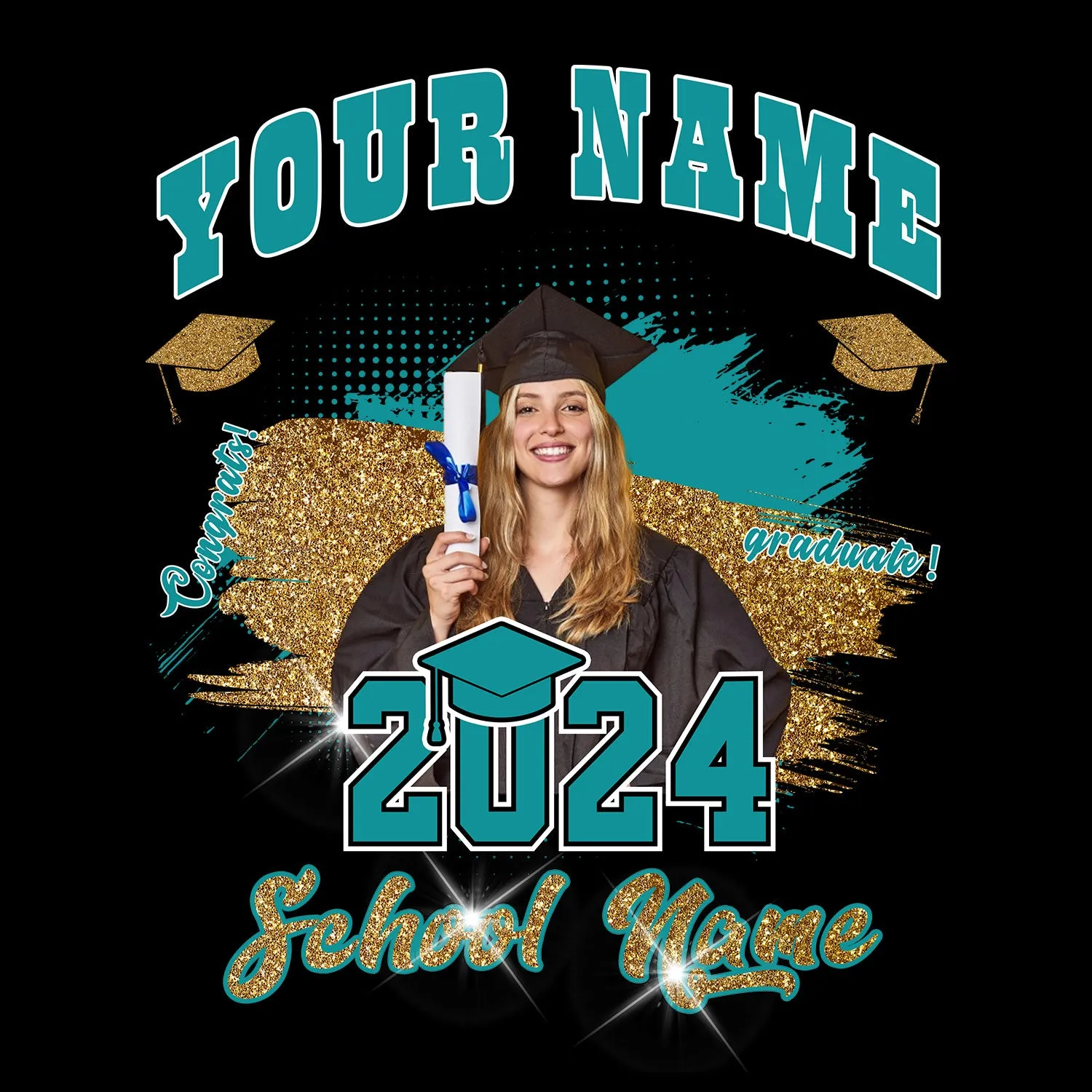 Custom Black Teal-White 3D Graduation Performance T-Shirt