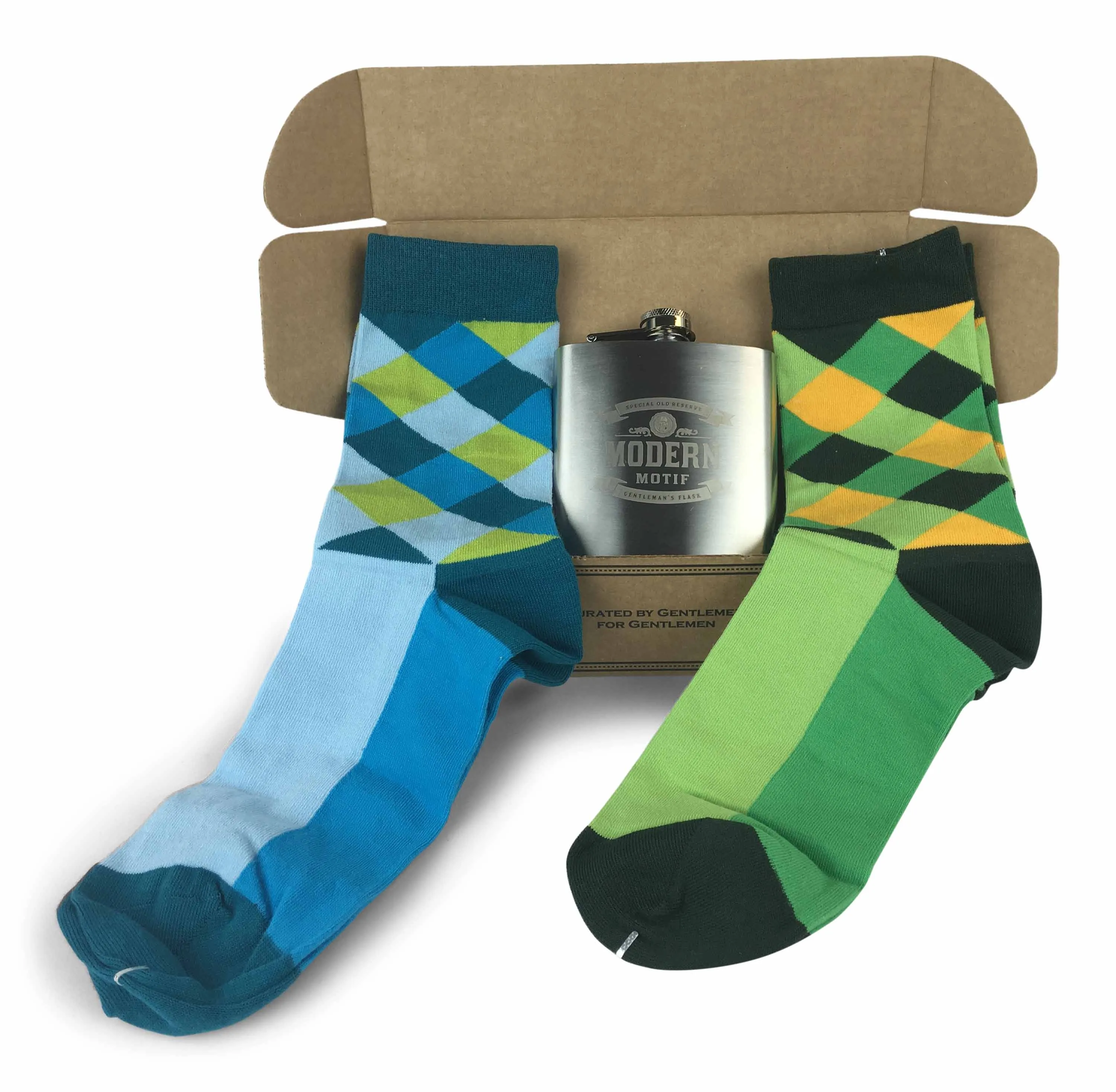 Geometric Set colorful Fun Power Socks 2 with 6oz Flask - Gift Box