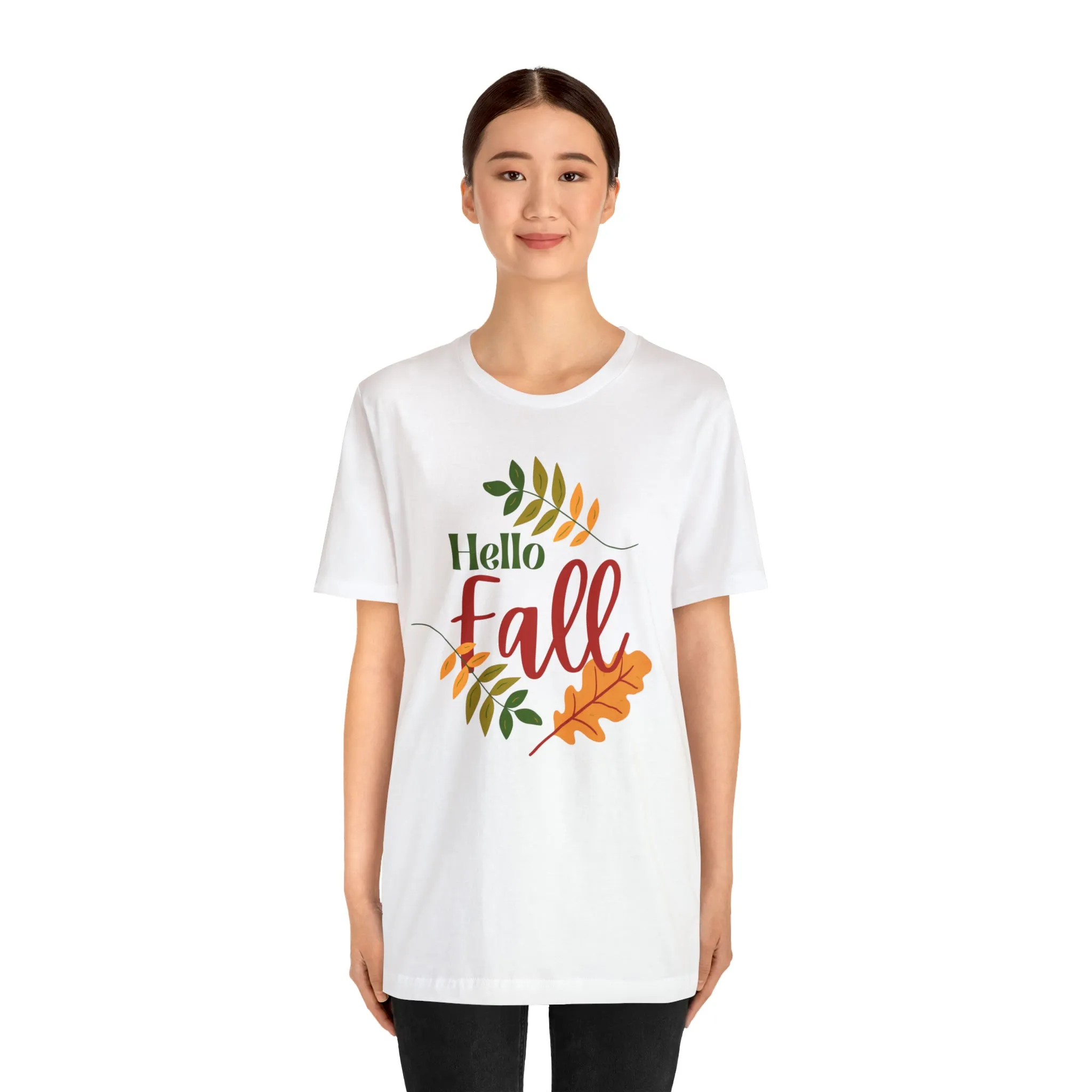 Hello Fall T-Shirt | Fall Leaves Tee |  Bella Canvas 3001 Unisex |  Thanksgiving Season Short Sleeve Tshirt
