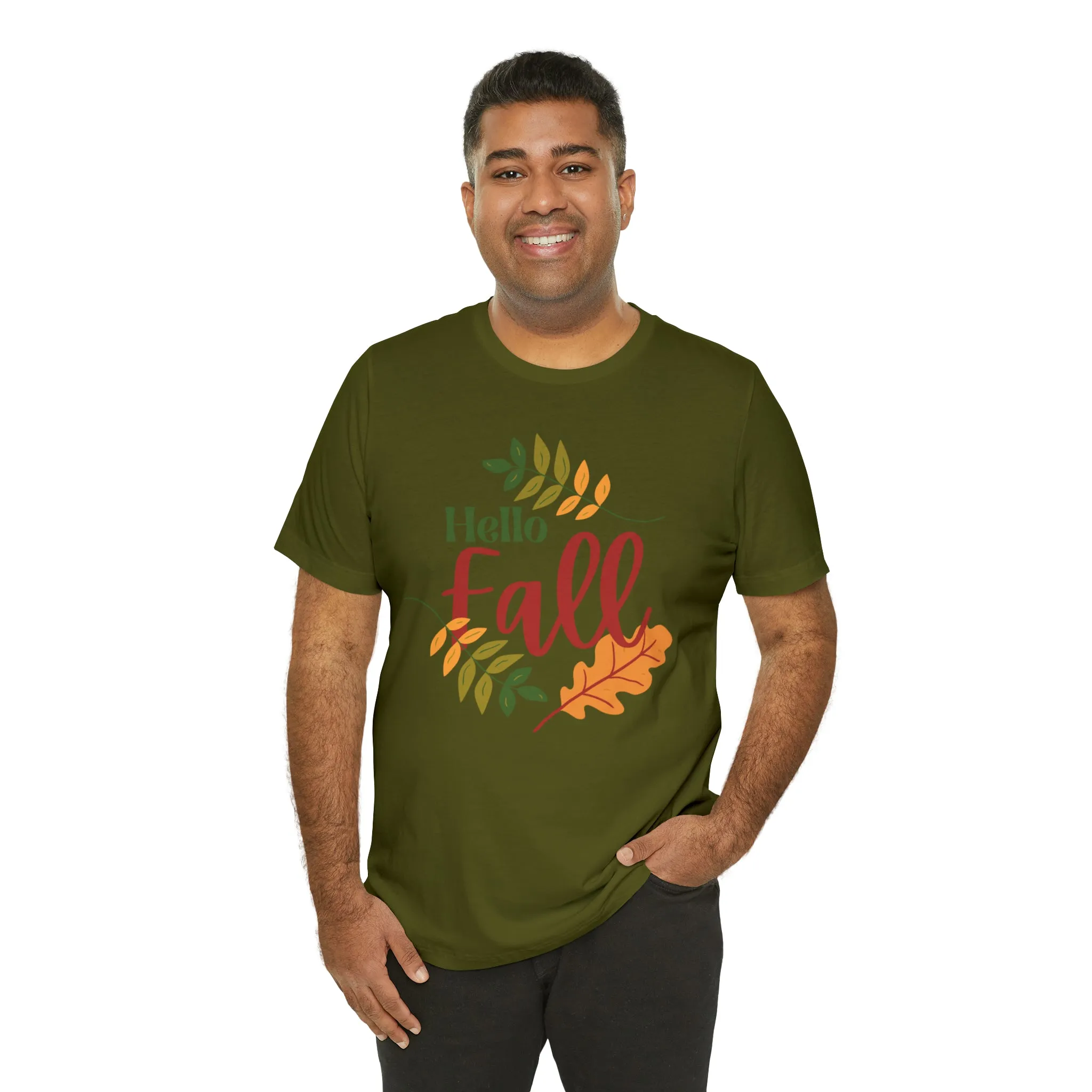 Hello Fall T-Shirt | Fall Leaves Tee |  Bella Canvas 3001 Unisex |  Thanksgiving Season Short Sleeve Tshirt
