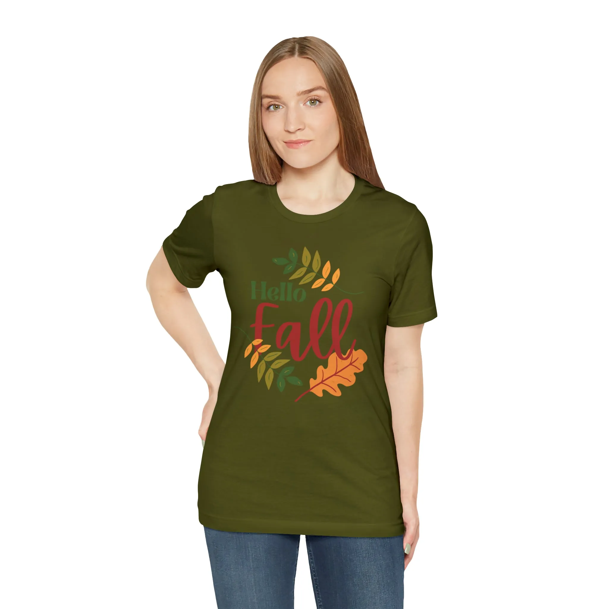 Hello Fall T-Shirt | Fall Leaves Tee |  Bella Canvas 3001 Unisex |  Thanksgiving Season Short Sleeve Tshirt