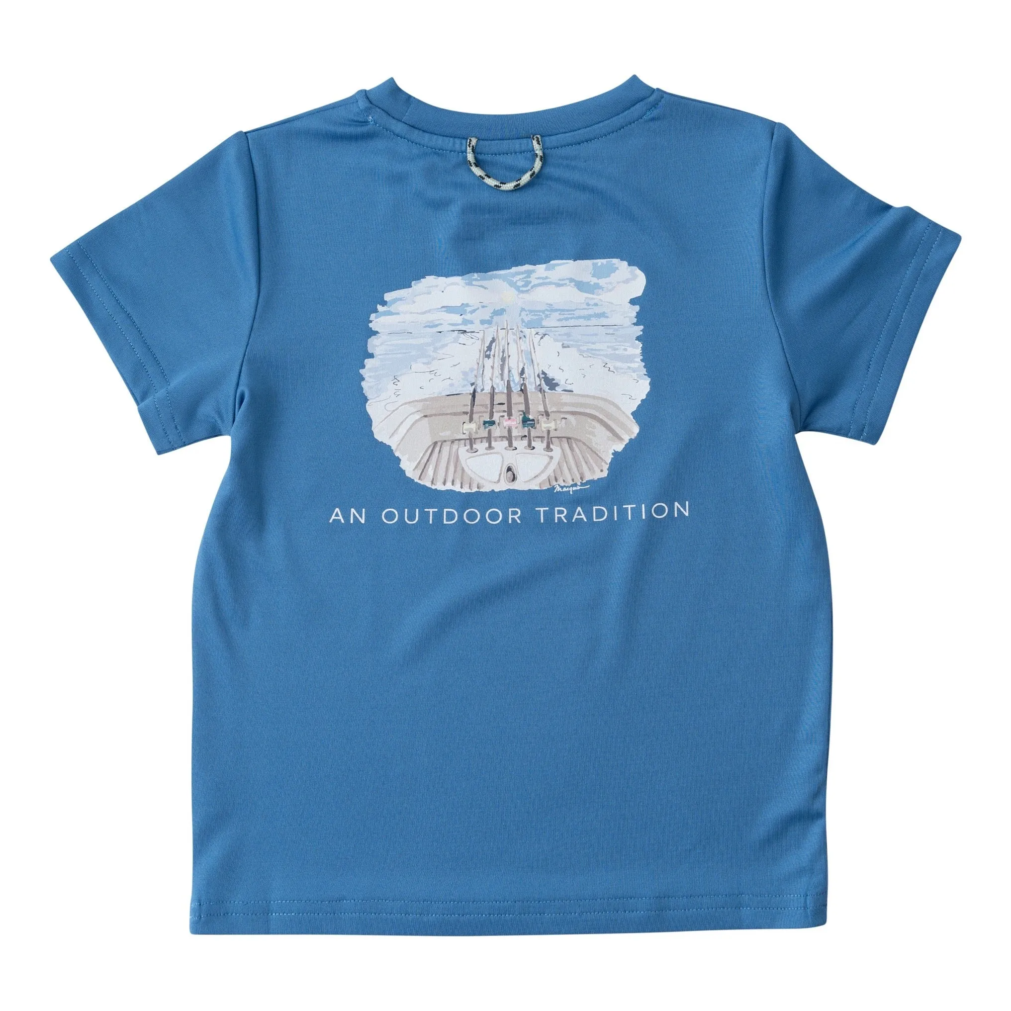 Kids' Pro Performance Short Sleeve Fishing T-Shirts in High Tide Blue with Rod and Reel