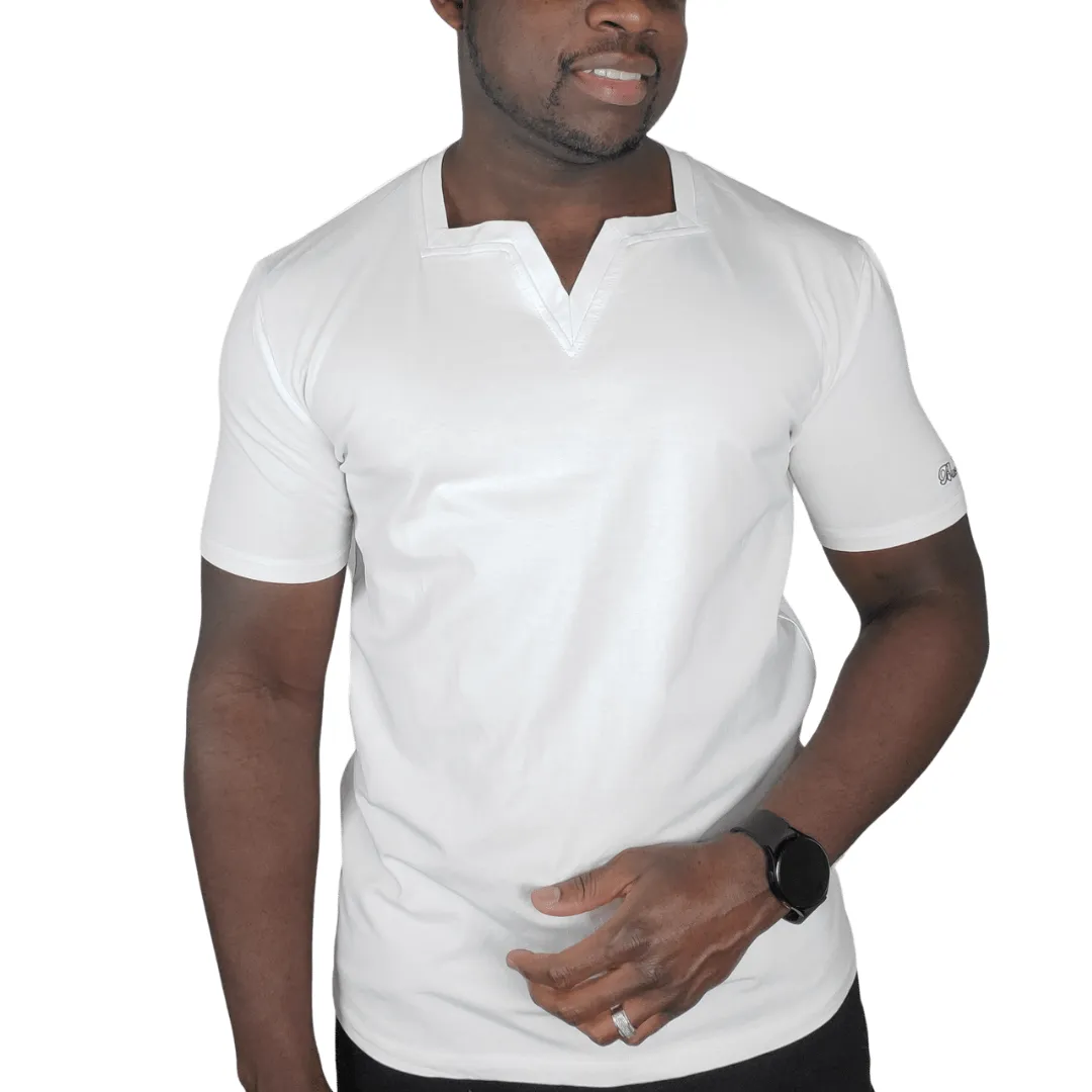 Men White Square V-neck T-shirt. Blue Cavalz