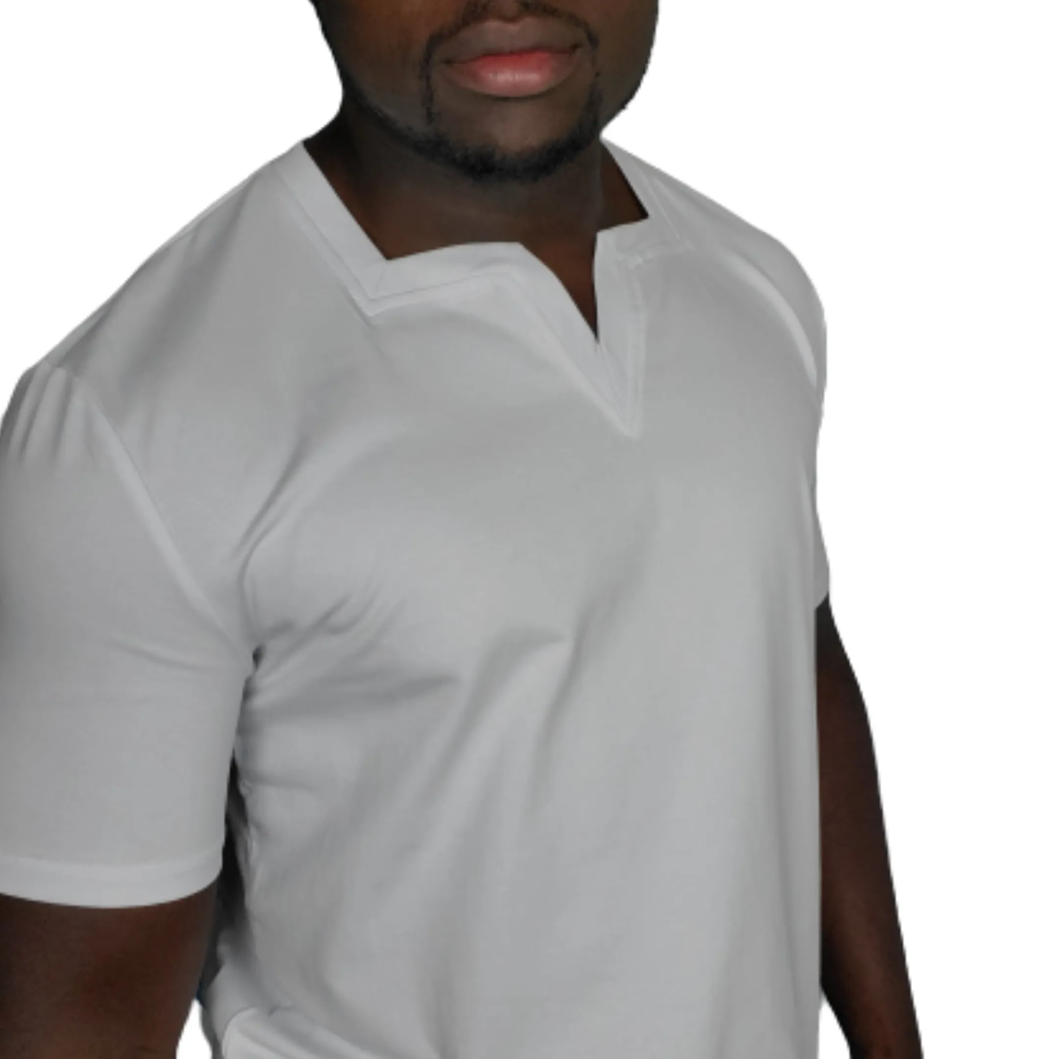 Men White Square V-neck T-shirt. Blue Cavalz