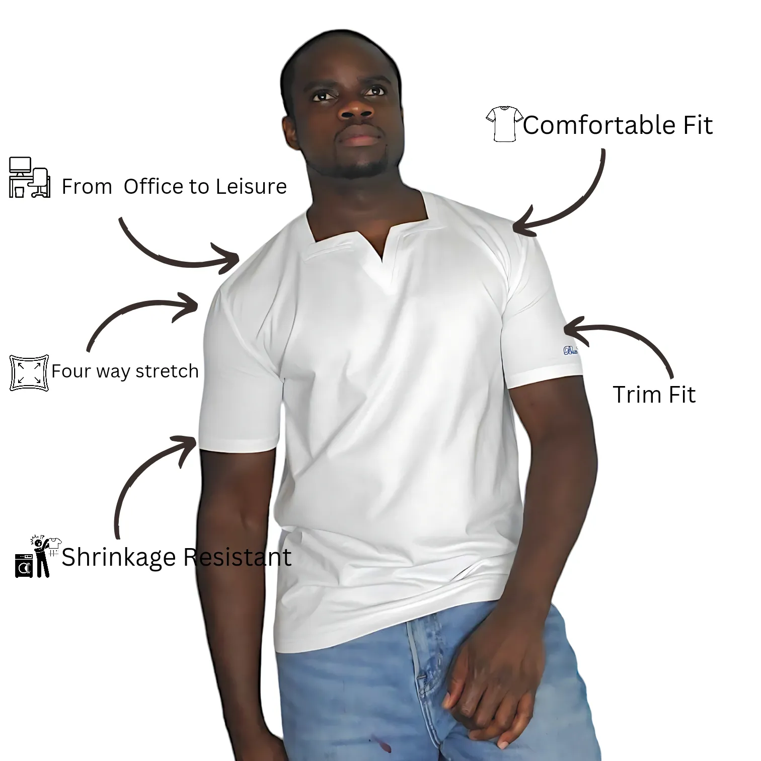 Men White Square V-neck T-shirt. Blue Cavalz