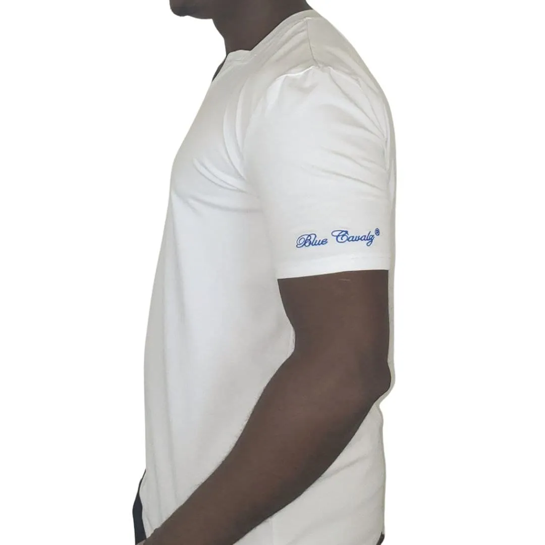 Men White Square V-neck T-shirt. Blue Cavalz