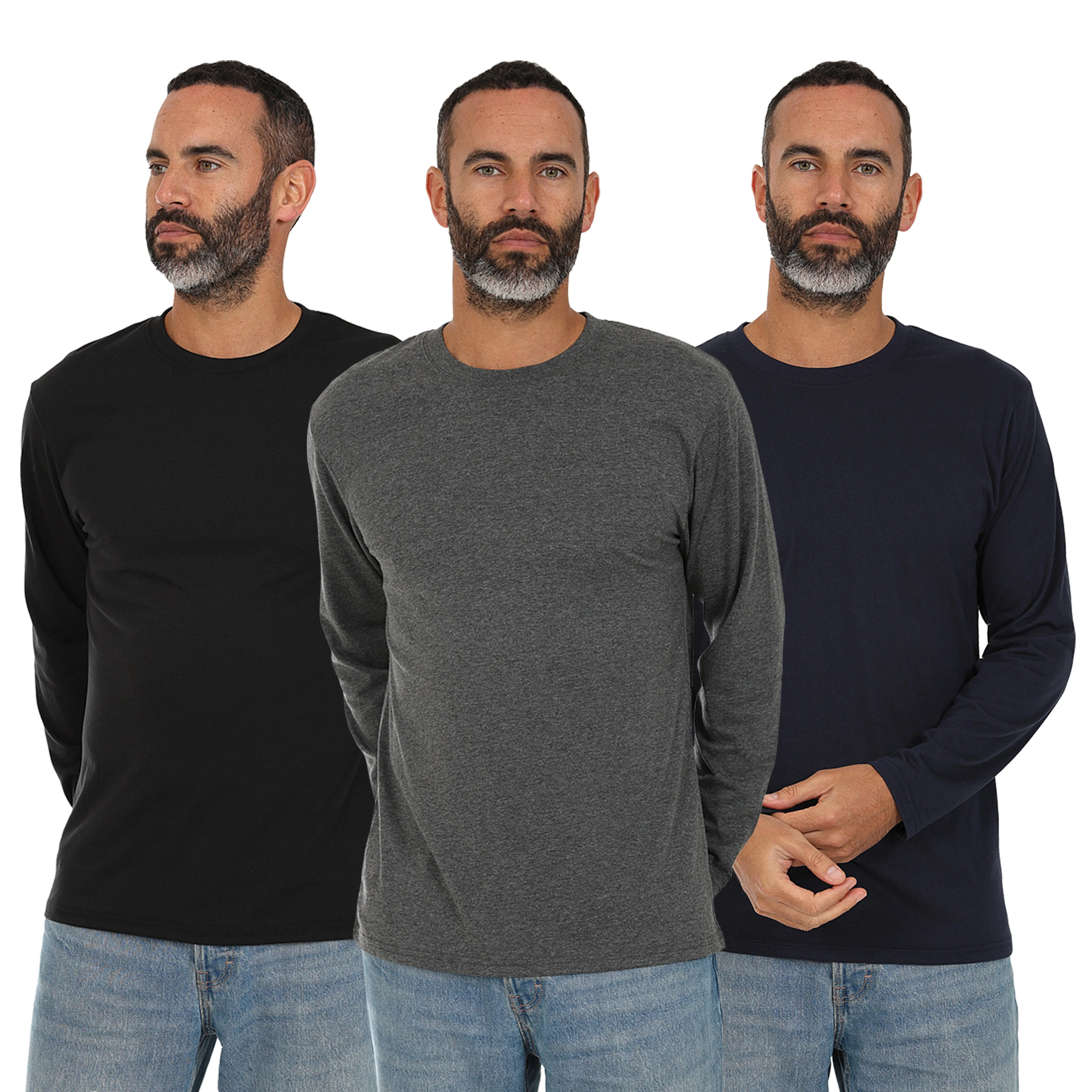 Men's 3 Pack Plain Long Sleeve Crew Neck T-Shirts