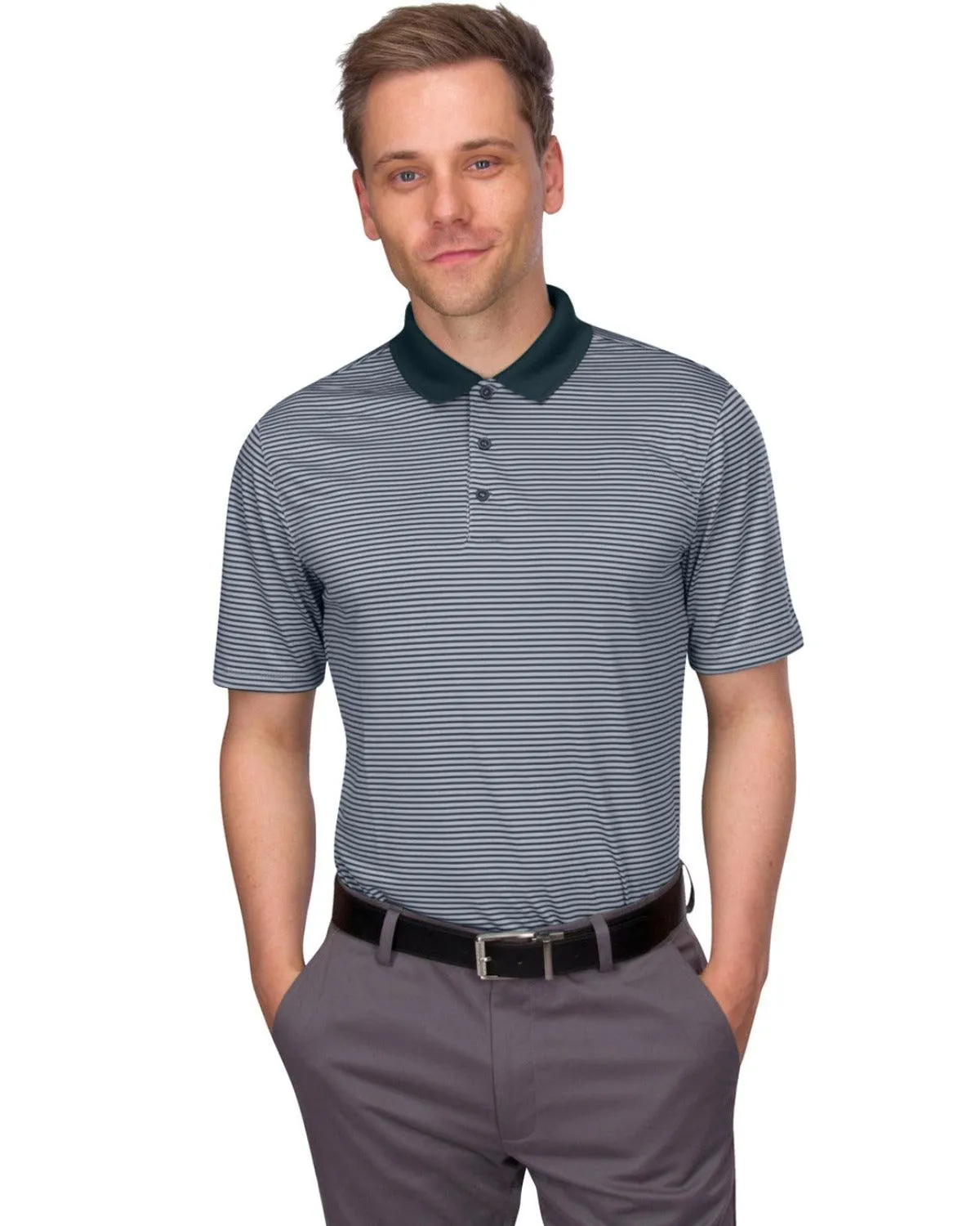 Men's Thin-Striped Solid-Collar Dry-Fit Golf Polo
