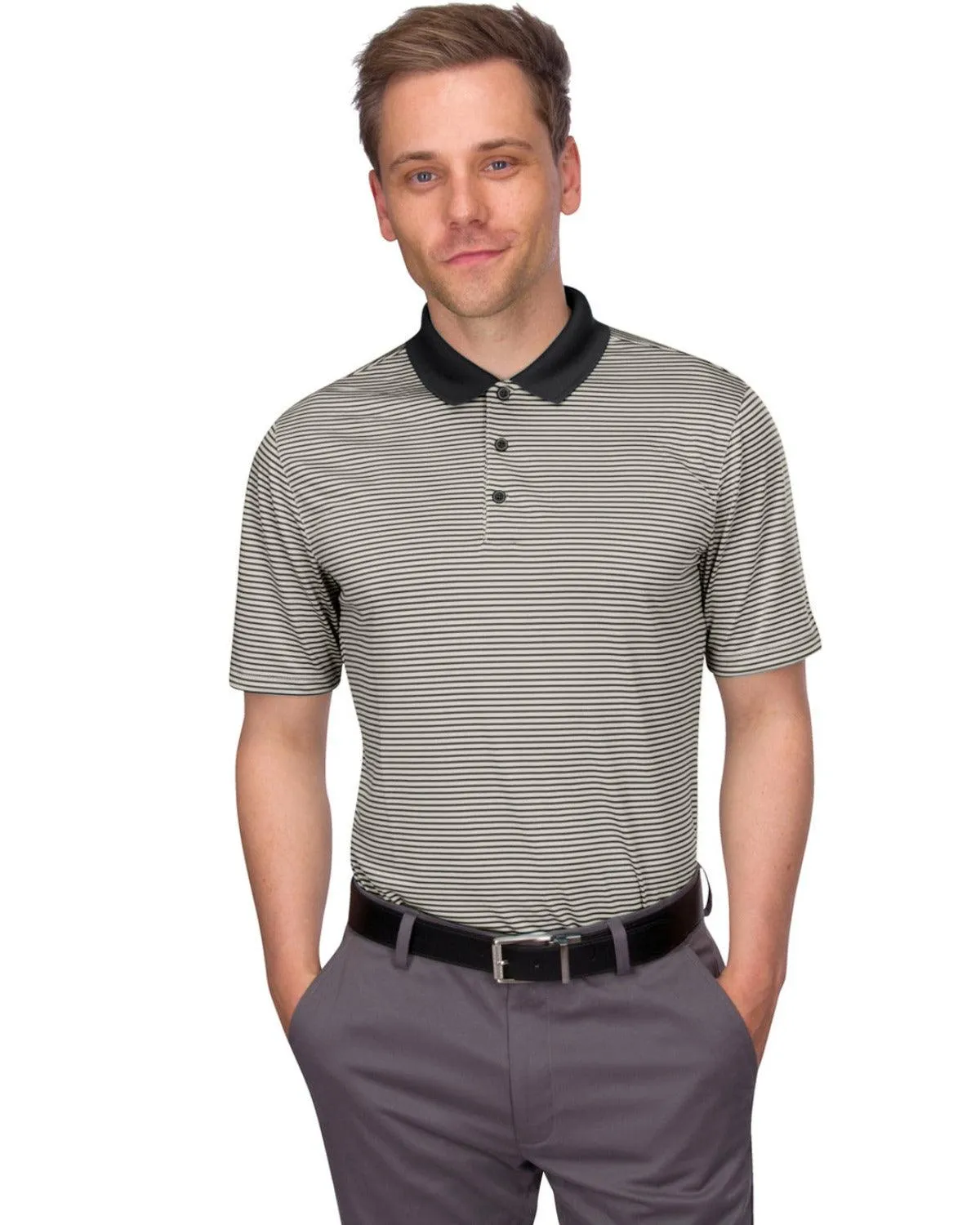 Men's Thin-Striped Solid-Collar Dry-Fit Golf Polo