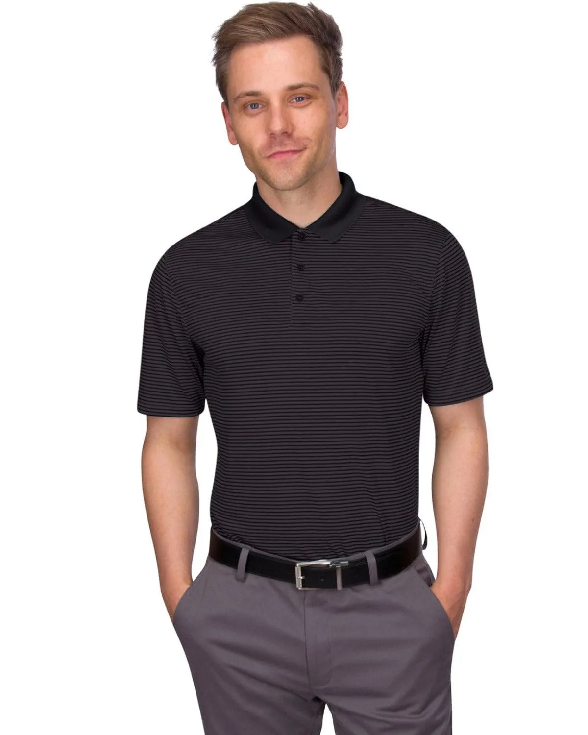 Men's Thin-Striped Solid-Collar Dry-Fit Golf Polo