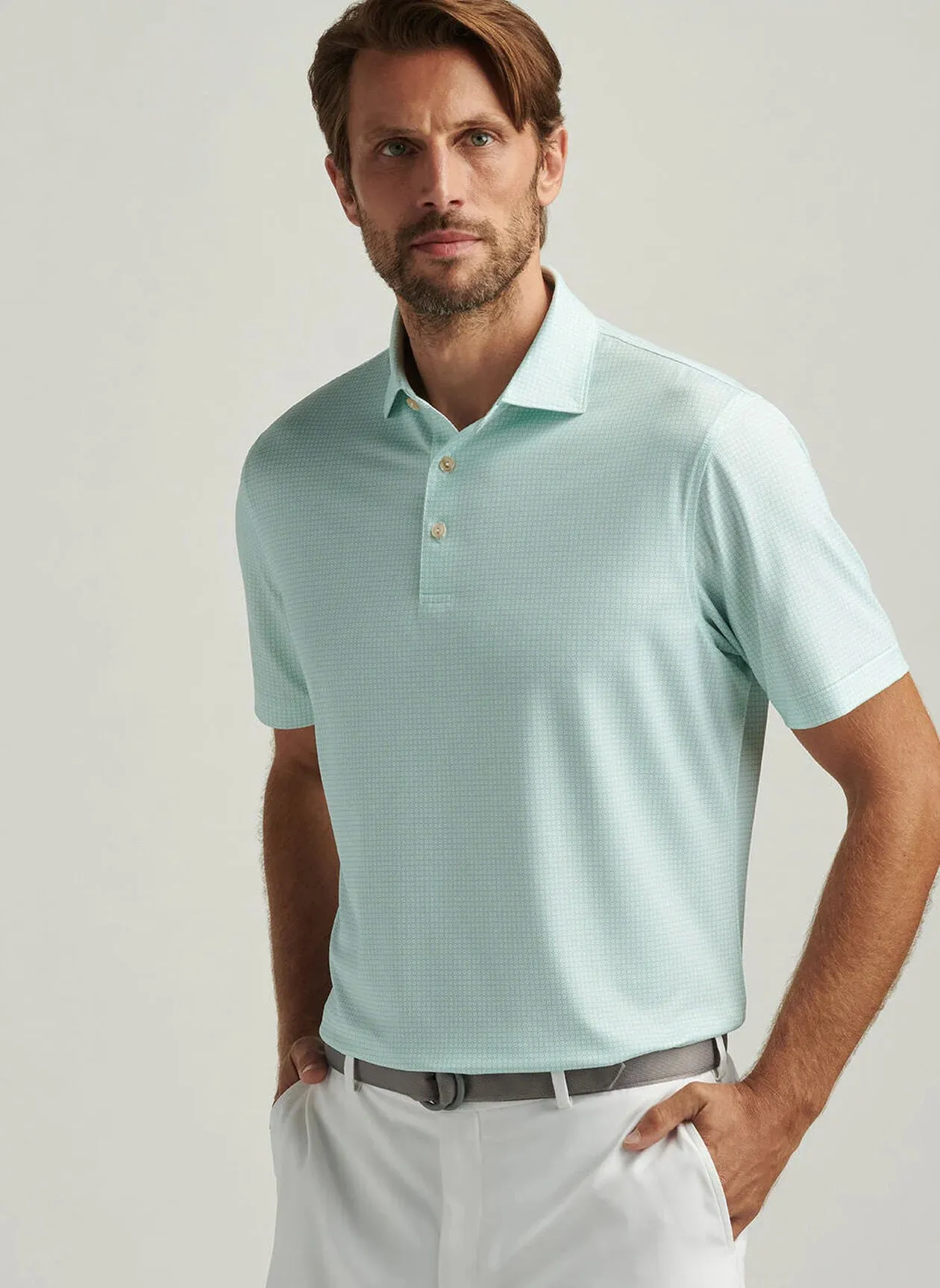 Orbit Performance Jersey Polo by Peter Millar - White w/ Pear Tart