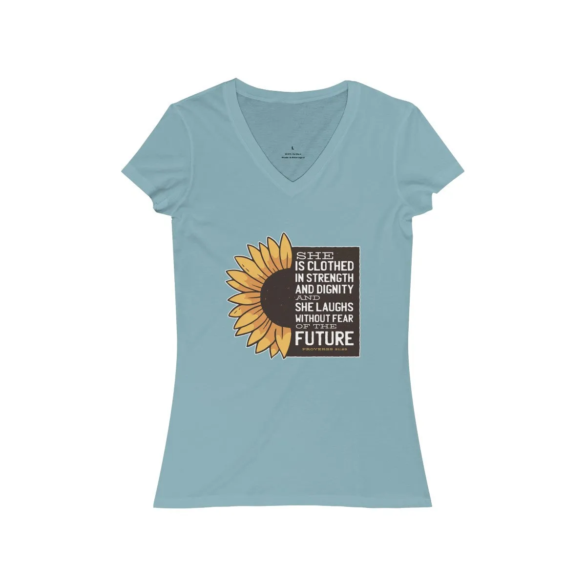 PROVERBS 31:25 <br>women's jersey <br>short sleeve <br>V-neck tee