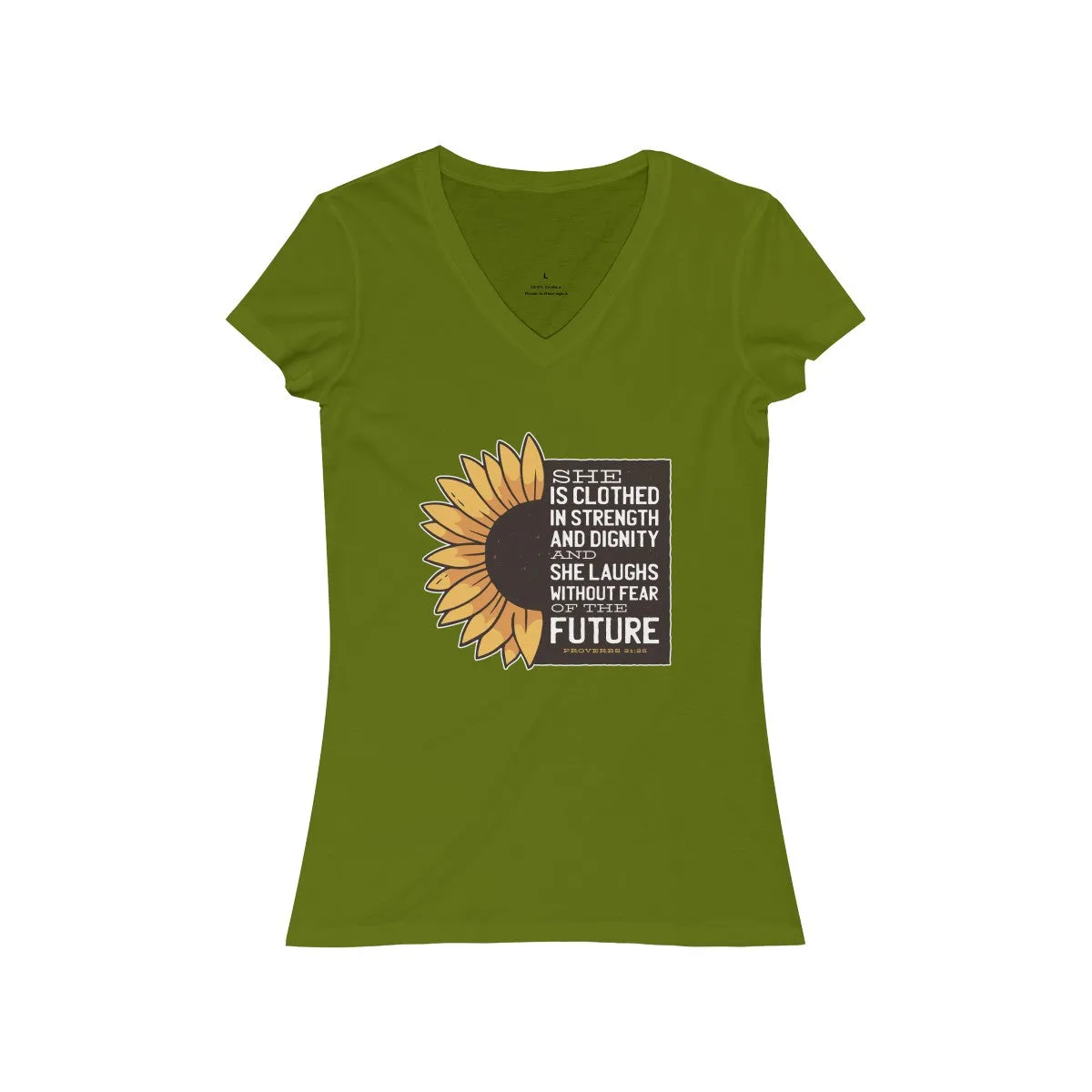 PROVERBS 31:25 <br>women's jersey <br>short sleeve <br>V-neck tee