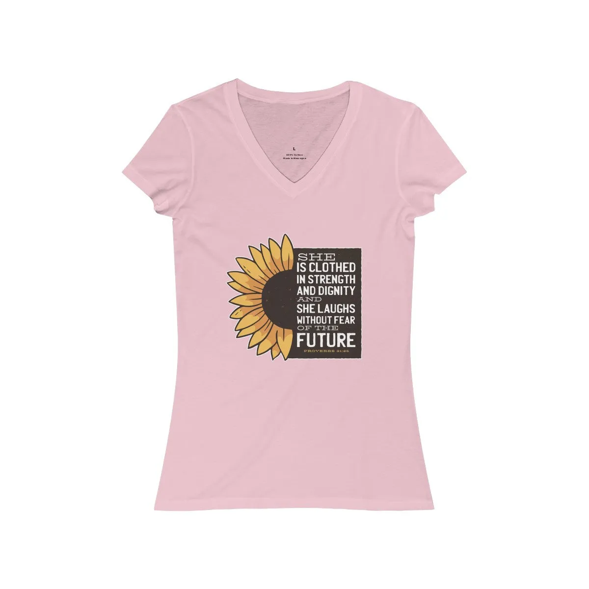 PROVERBS 31:25 <br>women's jersey <br>short sleeve <br>V-neck tee