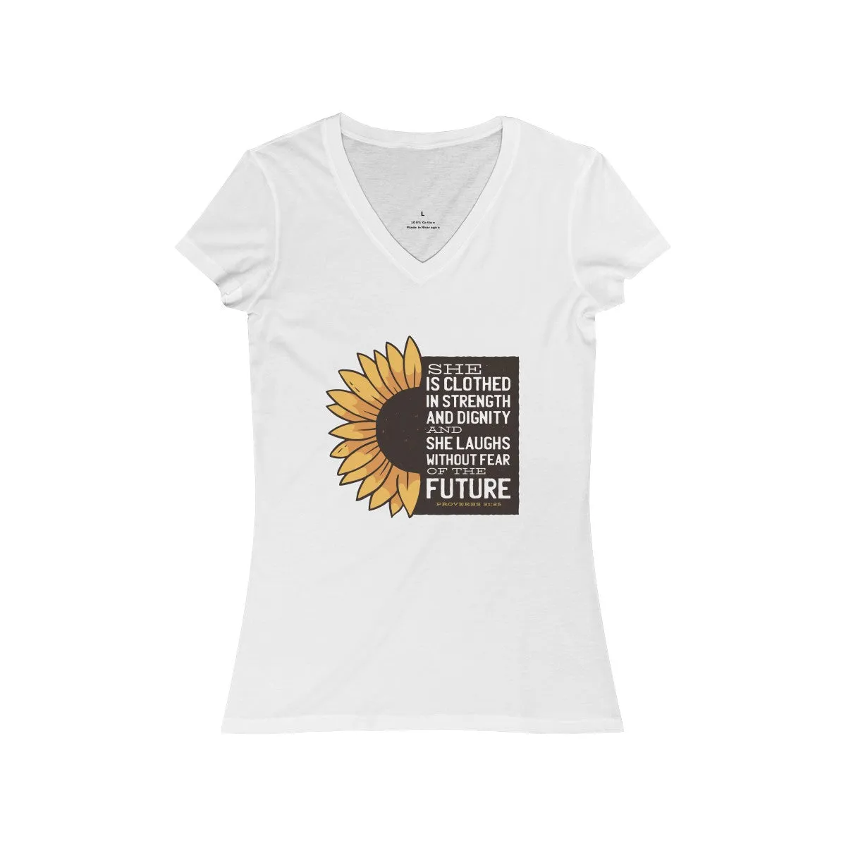 PROVERBS 31:25 <br>women's jersey <br>short sleeve <br>V-neck tee