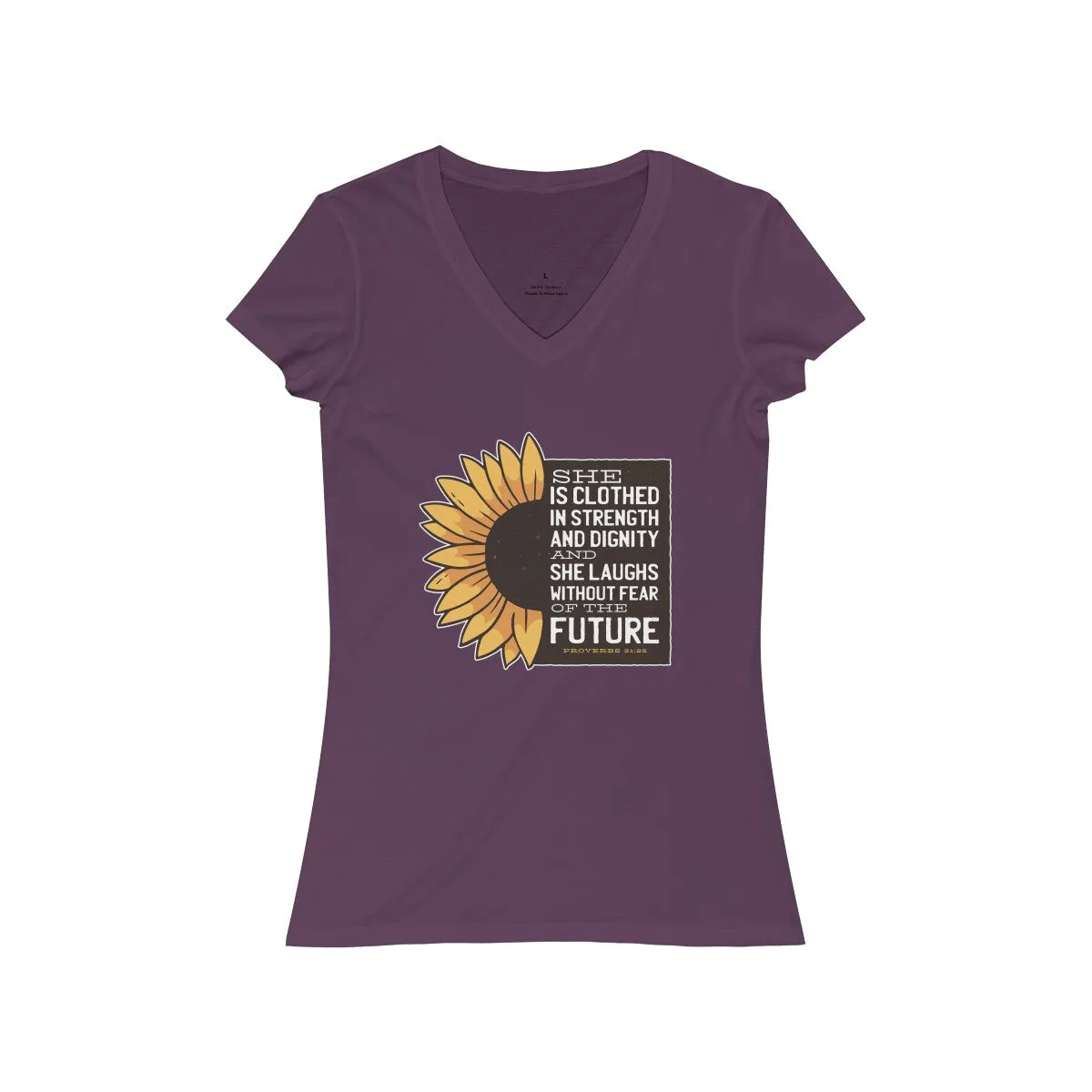 PROVERBS 31:25 <br>women's jersey <br>short sleeve <br>V-neck tee